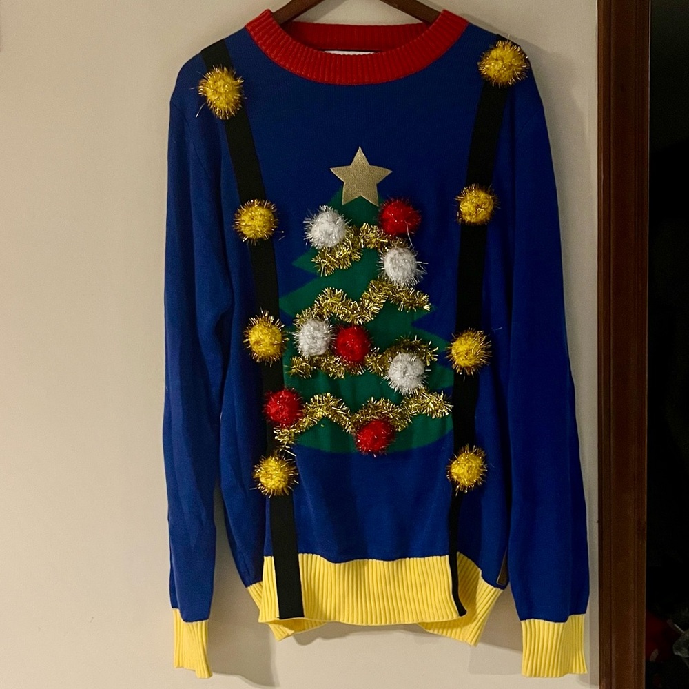 Tipsy Elves NWT Blue Christmas Tree Pom Pom Sweater with Faux Suspender Detail